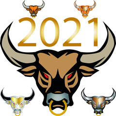 five bulls with red eyes and a gold nose ring with an inscription between the horns 2021.2021 is the year of the bull
