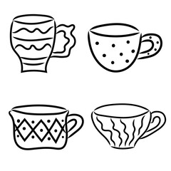 Cups line icon set. Coffee and tea cups doodle. Hand drawn vector illustration set. Black outline