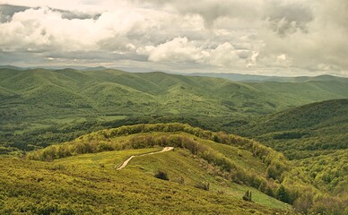 Fototapeta na wymiar Bieszczady Mountains in spring. Bieszczady Poland. View of the green Bieszczady. Juicy green meadows and trees. Mountain trail in the Bieszczady Mountains