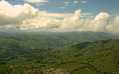 Panorama of the Bieszczady Mountains. View from Tarnica. Green mountains under white clouds