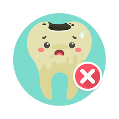 Yellow teeth and plaque on the teeth are decaying by oral bacteria. With wrong sign