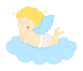 Vector cupid lying on a cloud and dreaming. Funny Valentine’s day character. Happy love angel with spread wings. Playful cherub icon isolated on white background..