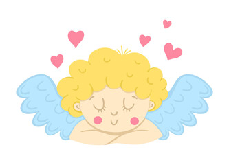 Vector dreaming cupid with folded arms. Funny Valentine&rsquo;s day character. Happy love angel with spread wings. Playful cherub icon isolated on white background..