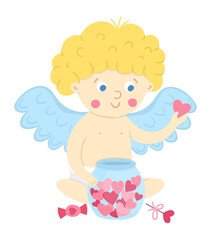Vector cupid with jar of hearts. Funny Valentine’s day character. Happy love angel with spread wings. Playful cherub icon isolated on white background..