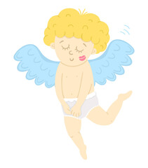 Vector cupid with trace of kiss on his cheek. Funny Valentine’s day character. Happy love angel with spread wings. Playful cherub icon isolated on white background..