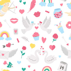Vector seamless pattern with Saint Valentine’s day symbols. Repeating background with cute characters and love objects. Playful February holiday texture.
