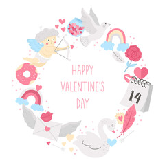 Vector round frame with Saint Valentine’s day elements. Love concept wreath. Design for banners, posters, invitations. Cute romantic February holiday card template with cupid, swan, dove..