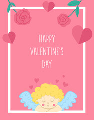 Valentine’s day greeting card template with cute cupid and hearts. Love holiday poster or invitation for kids. Bright pink frame illustration with traditional symbols..