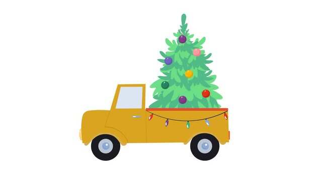 A yellow truck decorated witn lights carrying a christmas tree. Flat animation with transparent background.