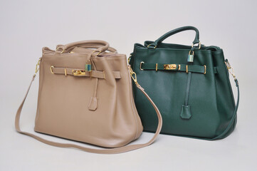 Women's leather bag on a gray background