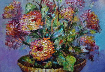    Art painting Hand drawn oil  Color  Flowers in a vase  from thailand 