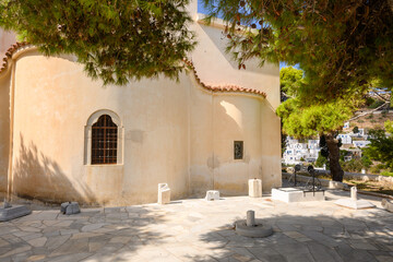 The courtyard of the Byzantine Church of Agia Triada in Lefkes on Paros Island, Cyclades, Greece