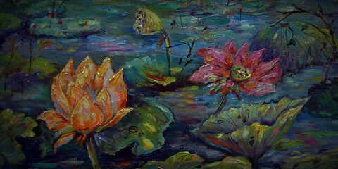    Art painting  oil  color  lotus  flower  background from thailand   