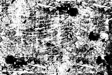 Grunge black and white. Monochrome texture of dirt, chips, and dust. Pattern of black scratches, scuffs on a white background. Abstract ink spot randomly arranged