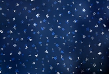 Dark BLUE vector pattern with christmas snowflakes, stars.