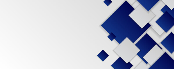 Blue and white grey glossy squares abstract tech banner design. Geometric vector background