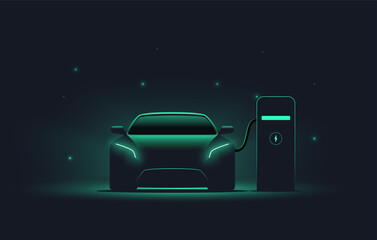 Fototapeta Electric car at charging station. Front view electric car silhouette with green glowing on dark background. EV concept. Vector illustration obraz