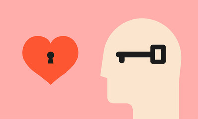 Locked heart and key in human head silhouette. Emotional intelligence concept. Mental health or trust concept. Minimalistic vector illustration