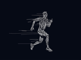 Fototapeta na wymiar Runner. Sketch drawing of the running men in motion white silhouette isolated on black background. Minimalistic simple art. Vector illustration