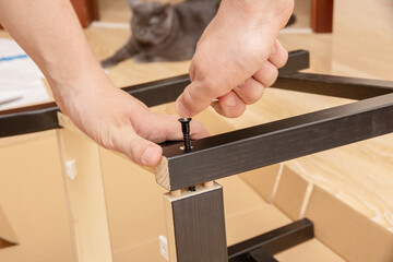 Hands of a teenager tighten the screw with a key close-up. A cat is resting in the background.