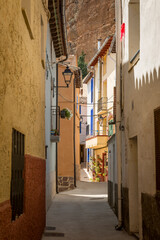 Fototapeta na wymiar a narrow street in Los Fayos village, province of Zaragoza, Aragon, Spain