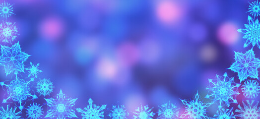 Christmas card with white snowflakes and blue background. Colored background with bokeh.