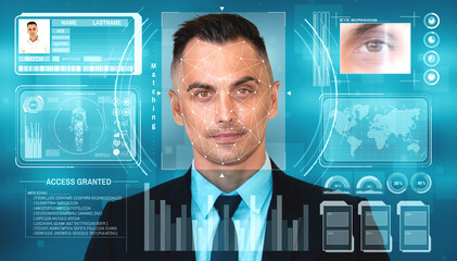 Facial recognition technology scan and detect people face for identification . Future concept interface showing digital biometric security system that analyze human face to verify personal data .