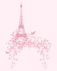 Fototapeta na wymiar eiffel tower and blooming sakura tree branches with flying swallow birds - spring season Paris vector silhouette design