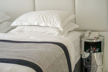 Double bed in the hotel. Modern double bed in bedroom interior in the hotel