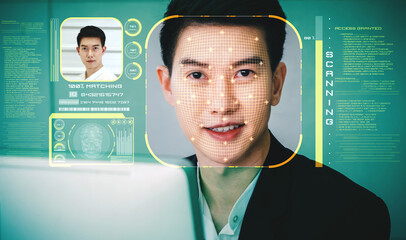 Facial recognition technology scan and detect people face for identification . Future concept interface showing digital biometric security system that analyze human face to verify personal data .