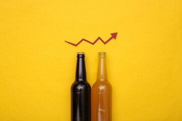 Beer bottles and an upward growth arrow on a yellow background.