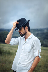 Fototapeta premium Beautiful young couple. Wedding photo session outdoors in the mountains. Happy couple. New family.