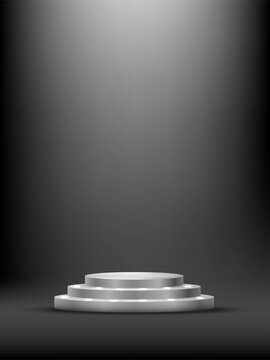 Silver Three Step Podium Under Falling Light Isolated On Dark Background. Vector Illustration.