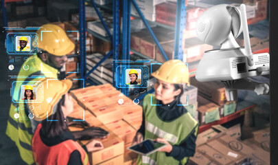 Facial recognition technology for industry worker to access machine control . Future concept interface showing digital biometric security system that analyze human face to verify personal data .