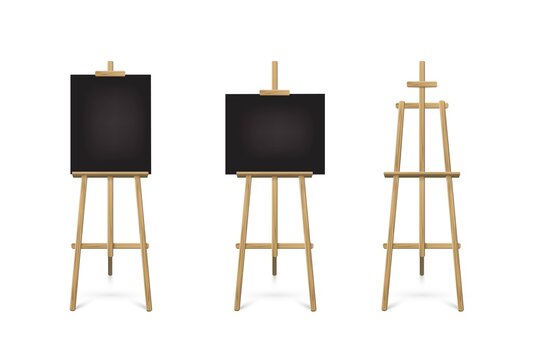 Easel standing with black board or canvas set. Blank blackboard on wooden tripod for art, painting, drawing or announcement vector illustration. Studio equipment on white background