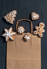 blue biscuit gift wooden background new year cookies top view copy space