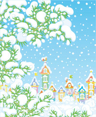 Snow-covered prickly fir branches in a snowy winter park of a small pretty town on a beautiful frosty day, vector cartoon illustration