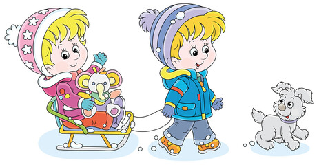 Merry little boy sledding a happy cute girl with a colorful toy elephant and walking with a cheerful grey puppy on a frosty and snowy winter day, vector cartoon illustration on a white background