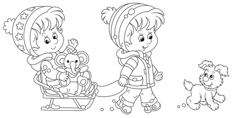 Merry little boy sledding a happy cute girl with a funny toy elephant and walking with a cheerful puppy on a frosty and snowy winter day, black and white outline vector cartoon illustration
