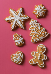 pink red biscuit gift background new year cookies top view copy space