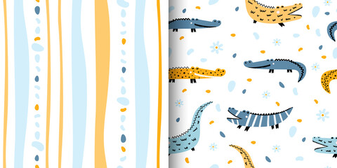 Cute seamless pattern with crocodiles and stripes.