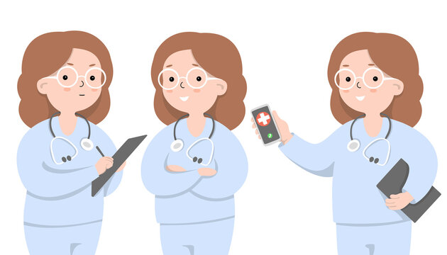 Set with the doctor. Female doctor in different poses on a white background. Online consultation with a medical specialist. Vector illustration in a flat design.