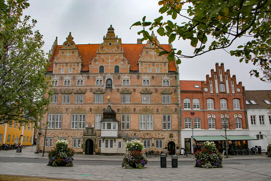 Aalborg street scene with a beautiful Dutch renaissance style 5 story landmark building. It was constructed in 1624 for merchant Jens Bang, Aalborg, Jutland region of Denmark, Scandinavia.