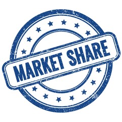 MARKET SHARE text on blue grungy round rubber stamp.