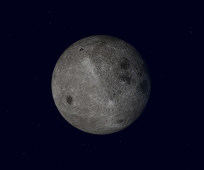 The reverse side of the moon. Full moon on dark night sky background, with craters and surface details visible, map provided by nasa. 3d illustration