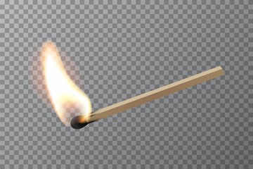 Lit match stick burning with fire flame. Wooden match, hot and glowing red isolated on transparent background. Abstract realistic horizontal vector illustration. Match design