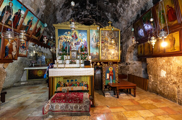 Tomb of Mary holy place in Church of the Sepulchre of Saint Mary, known as Tomb of Virgin Mary, at Mount of Olives near Jerusalem, Israel