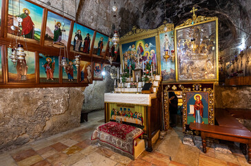 Tomb of Mary holy place in Church of the Sepulchre of Saint Mary, known as Tomb of Virgin Mary, at Mount of Olives near Jerusalem, Israel