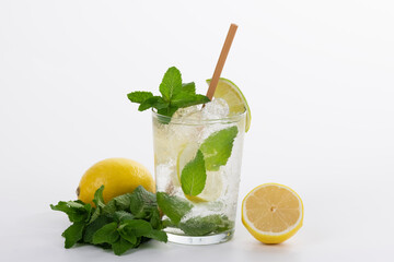 Fototapeta premium a refreshing mojito cocktail with a straw surrounded by lemons and fresh mint leaves