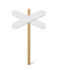Signpost with blank direction signs on road. Wooden stick with white arrow boards vector illustration. Retro street post isolated on white background. Simple empty crossroad banners